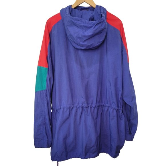 Vintage 90s Eddie Bauer Windbreaker Blue Colorblock Hooded Jacket XL - Picture 5 of 12